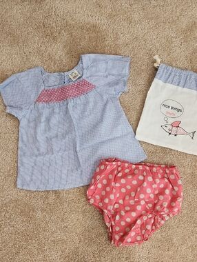 Nice Things Mini Baby Girl Blue Gingham Top with Pink Polka Dot Bloomers Size 2